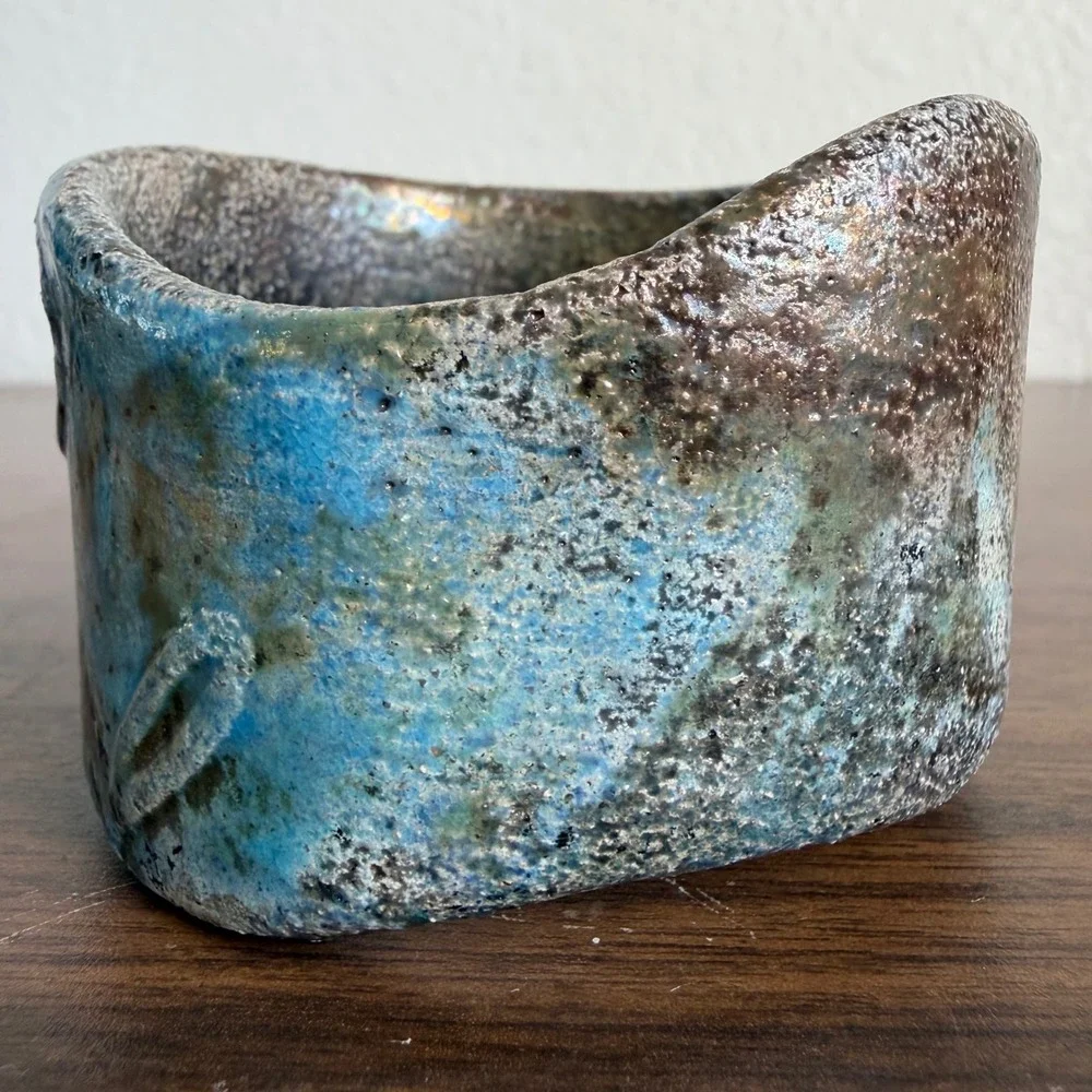 Wide Pottery Cuff Bracelet Ceramic Bangle Turquoise Butterfly Patina Boho NICE